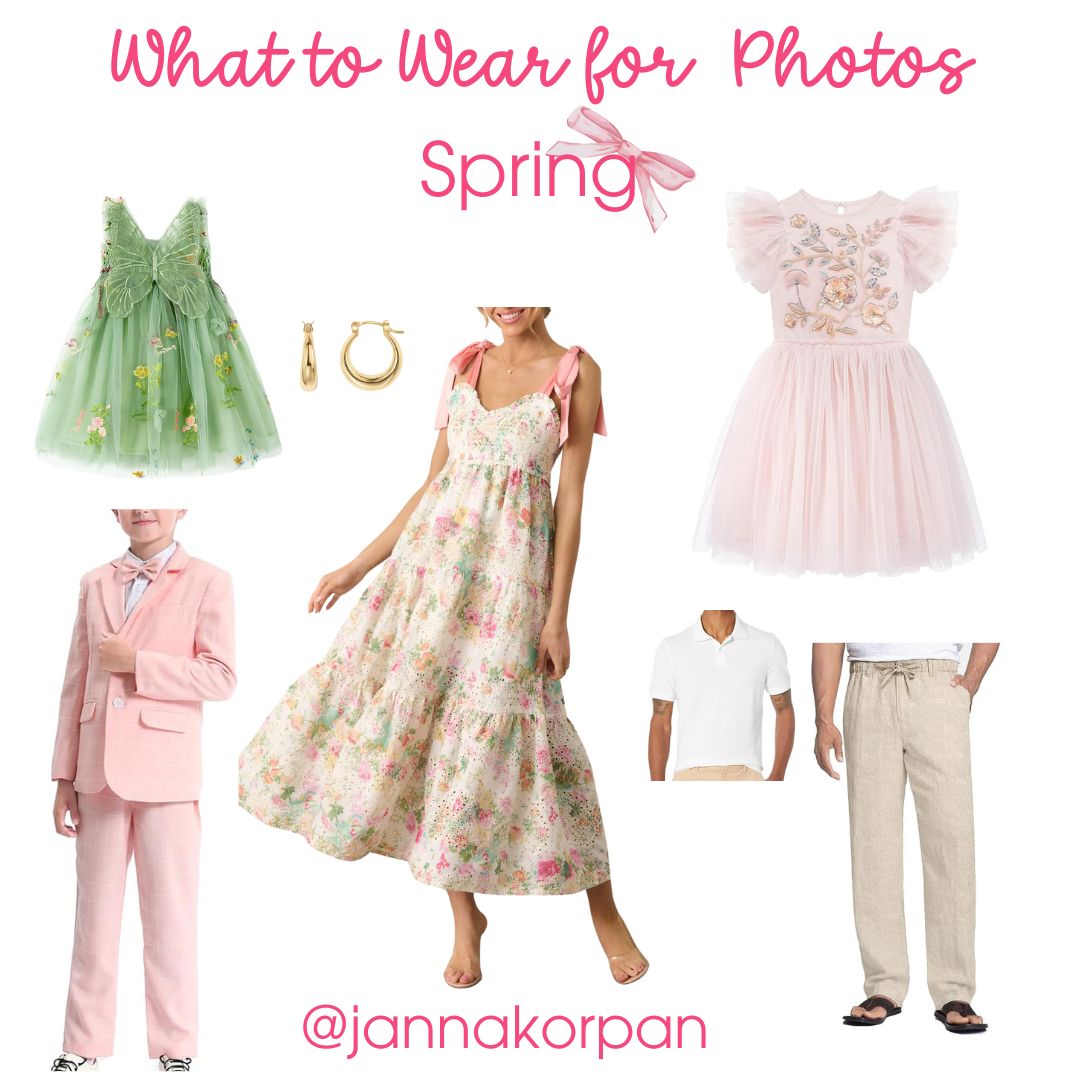 Spring family photoshoot outfit inspiration featuring coordinated pastel and floral outfits. A flowy floral maxi dress with pink ribbon straps for mom, a light pink suit with a bow tie for boys, a delicate embroidered tulle dress for girls, and a green fairy-inspired dress for toddlers. Neutral linen pants and a classic white polo shirt for men complete the look. Perfect outfit ideas for spring family portraits, Easter photos, or outdoor photography sessions in blooming gardens. @jannakorpan